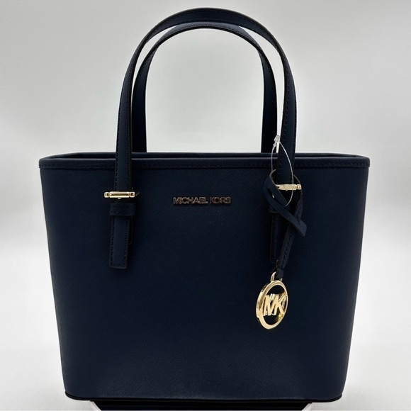 Michael Kors Jet Set Travel Extra-Small Top Zip Tote Bag Navy Blue/Gold - Picture 1 of 10